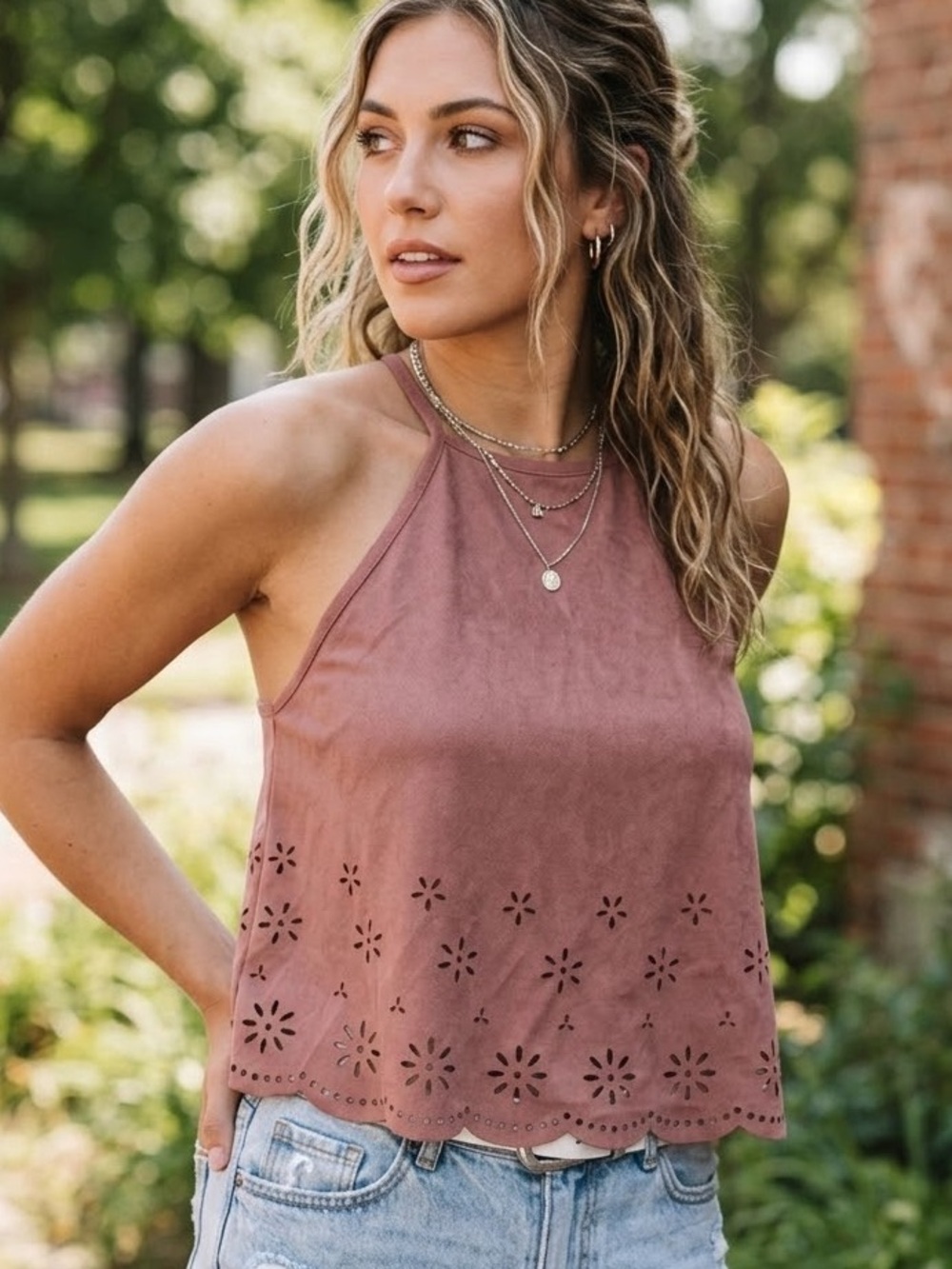 Wet Seal Faux Suede Cutout Halter Crop Top Small Mauve Boho Festival